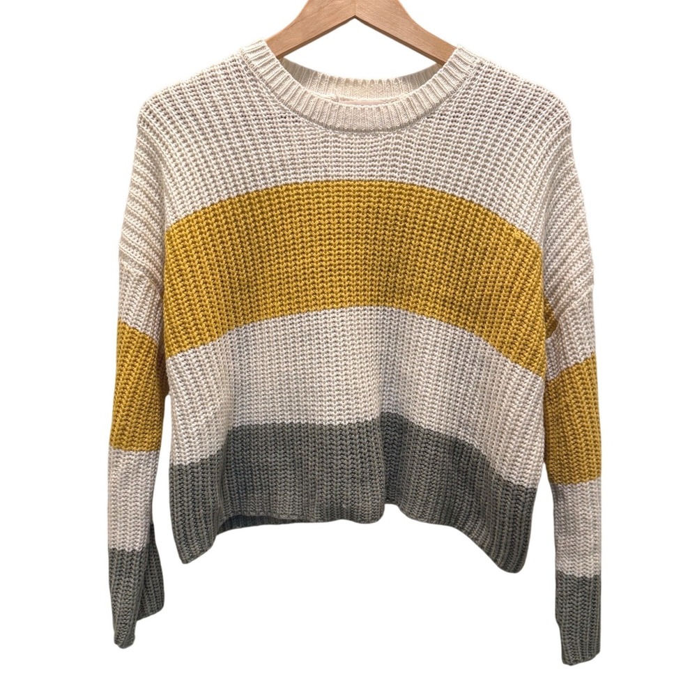 Moon and Madison Colorblock Striped Shaker Knit Sweater Cream Yellow Gray M
